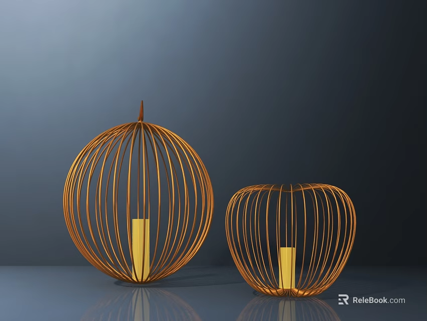 Two Lantern Shaped Table Lamps With Golden Metal Wire And Reflective Surface On Dark Background 3d model 