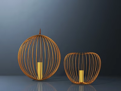 Two Lantern Shaped Table Lamps With Golden Metal Wire And Reflective Surface On Dark Background 3d model