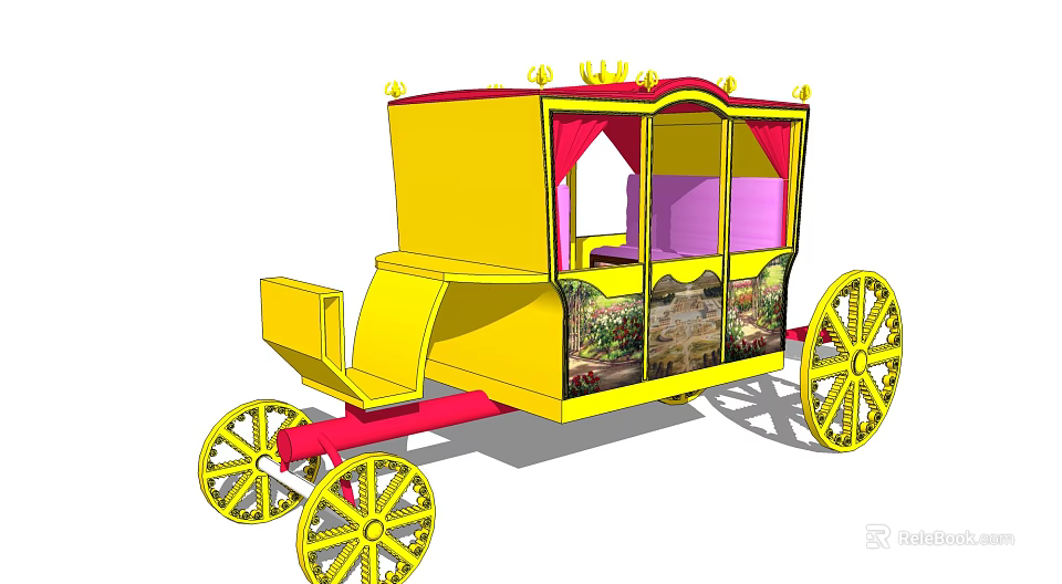 Yellow Horse Carriage with Crown Decoration Windows Pink Curtains Purple Seats and Yellow Wheels 3d model 