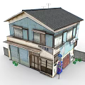 Cartoon Style Japanese Two Story Building With Blue Beige Walls Roller Shutter Door And Signboards