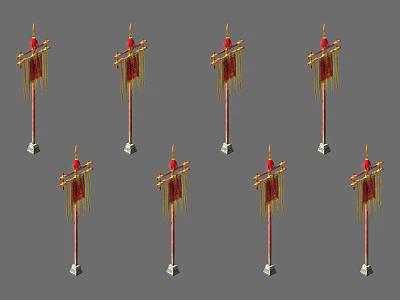 Eight Red National Flags With Golden Tassels On Poles And Bases 3d model