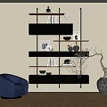 Modern Wall Mounted Black Wooden Shelving with Books Decor in Beige Interior and Blue Armchair