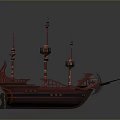 Ancient Wooden Sailboat Model With Multiple Red Masts And Brown Hull