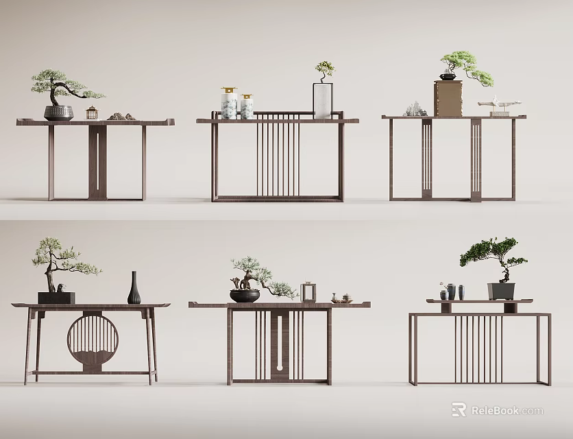 Wooden Console Tables With Slatted Designs Bonsai Plants And Decorative Vases 3d model 