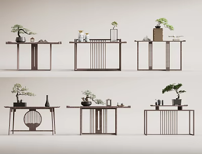 Wooden Console Tables With Slatted Designs Bonsai Plants And Decorative Vases 3d model