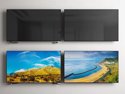 Modern Televisions With Black Screens And Scenic Mountain Beach Views 3d model