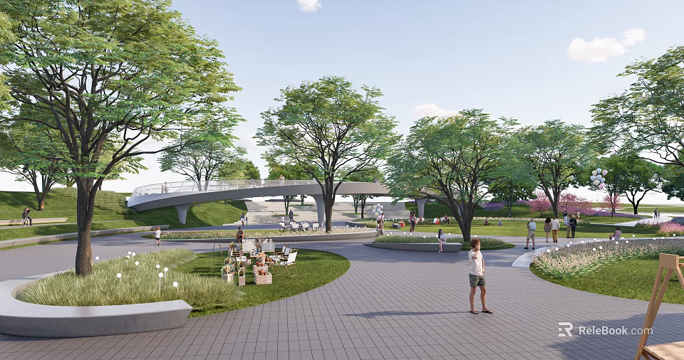 Scenic Campsite with Lush Green Trees Open Grass Area and Pedestrian Path for Visitors 3d model 