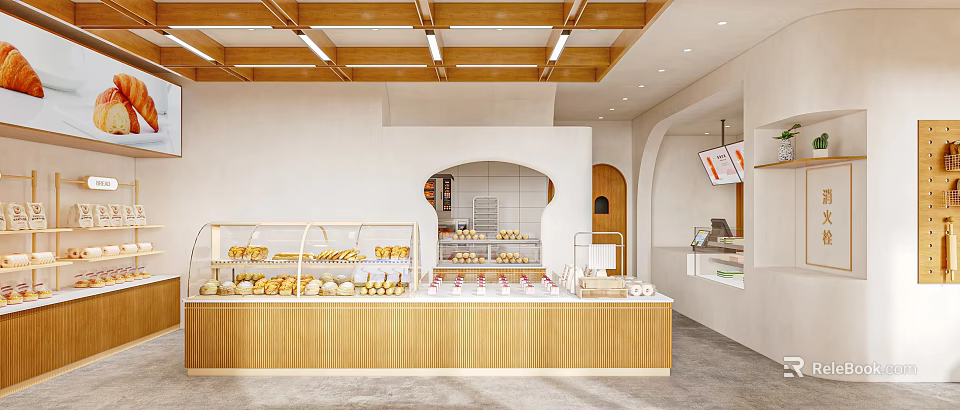 Warm Dessert Shop Interior With Wooden Ceiling And Pastry Displays 3d model 