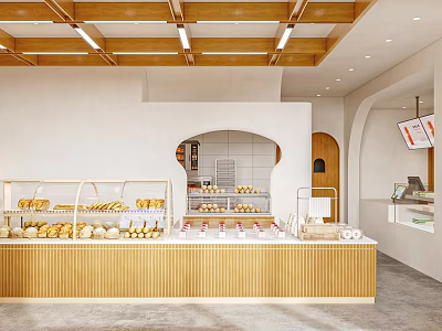 Warm Dessert Shop Interior With Wooden Ceiling And Pastry Displays 3d model