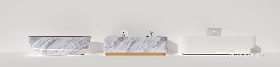Modern Reception Desk With Marble Top Laptop And Decorative Plant Wooden Base 3d model 