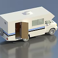 White Mobile Food Truck With Open Door Blue Stripes And Interior View