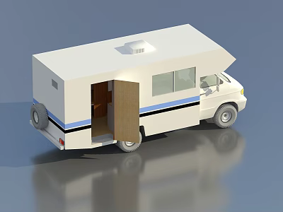 White Mobile Food Truck With Open Door Blue Stripes And Interior View 3d model