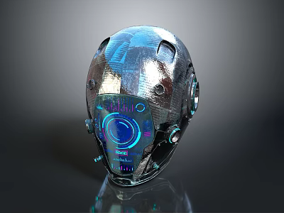 Futuristic Tech Helmet With Metallic Surface Blue Glowing Display And Circular Light Interface 3d model