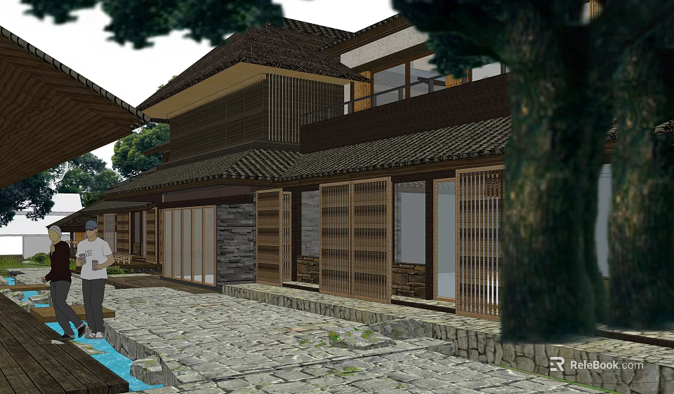 Traditional Commercial Street With Wooden Architecture Tile Roofs Lattice Doors And Stone Paved Path 3d model 