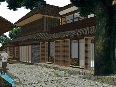 Traditional Commercial Street With Wooden Architecture Tile Roofs Lattice Doors And Stone Paved Path 3d model
