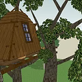 Cozy Treehouse Built In Trees With Wooden Ladder Surrounded By Green Trees Grass And Water