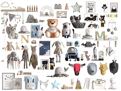 Cute Plush Stuffed Dolls Collection With Teddy Bear Rabbit Cat For Children Playroom 3d model