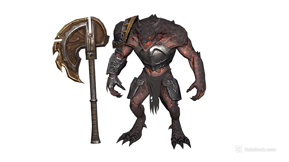 Red Black Demon Monster Character With Giant Battle Axe Spiked Armor And Sharp Claws 3d model