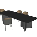 Modern Minimalist Dining Table Set With Rectangular Dark Top And Four Light Brown Chairs 3d model