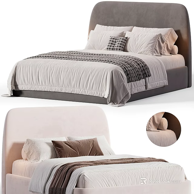 Modern Double Bed Interior Design With Upholstered Headboard Soft Pillows And Cozy Throw Blanket 3d model 
