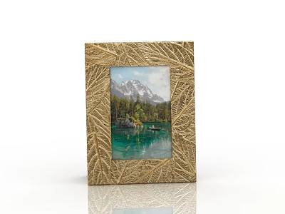Decorative Ornament Set With Golden Branch Textured Frame And Snowy Mountain Lake Landscape 3d model