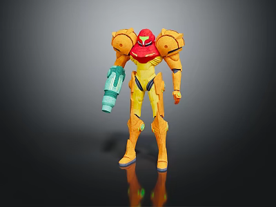 Action Figure Robot Character With Red Helmet Yellow Armor Orange Shoulder Pads And Green Weapon 3d model
