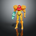Action Figure Robot Character With Red Helmet Yellow Armor Orange Shoulder Pads And Green Weapon