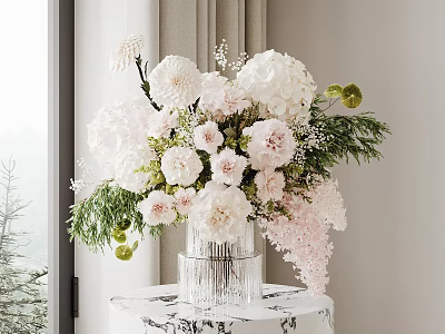 Elegant Translucent Vase With White Pink Hydrangeas Peonies And Green Foliage On Marble Table 3d model