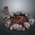 Stone Circle Fire Pit With Burning Wood Logs And Wooden Stump