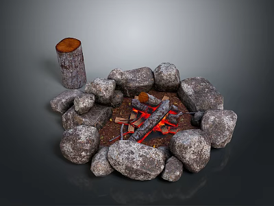 Stone Circle Fire Pit With Burning Wood Logs And Wooden Stump 3d model