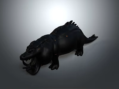 Black Reptile Sculpture With Open Mouth Spiked Body And Glowing Orange Dots 3d model