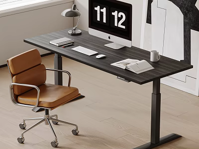 Modern Adjustable Office Desk With Table Lamp Monitor Notebook And Brown Chair 3d model