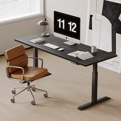 Modern Adjustable Office Desk With Table Lamp Monitor Notebook And Brown Chair 3d model