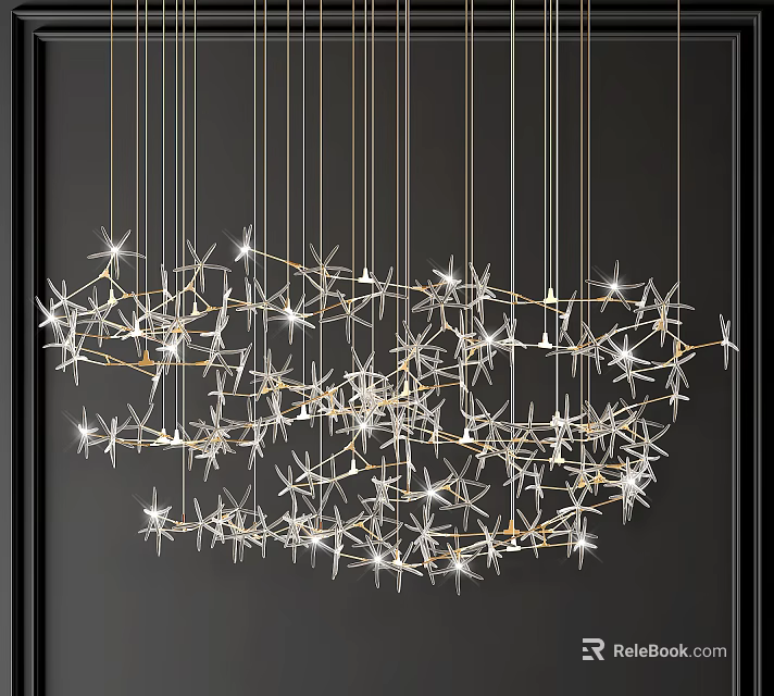 Modern Crystal Chandelier With Star Shaped Elements And Golden Metal Frame 3d model 