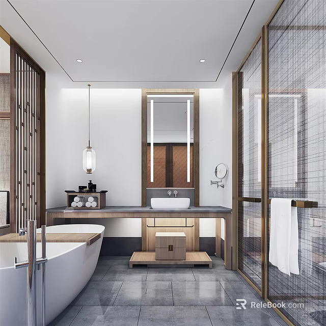 Modern Bathroom Interior Design With Freestanding Bathtub Pendant Light Vanity Mirror And Glass Shower 3d model 