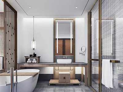 Modern Bathroom Interior Design With Freestanding Bathtub Pendant Light Vanity Mirror And Glass Shower 3d model