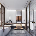 Modern Bathroom Interior Design With Freestanding Bathtub Pendant Light Vanity Mirror And Glass Shower
