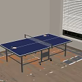 Indoor Table Tennis Table With Blue Surface Net And Orange Gray Mat Near Window Blinds