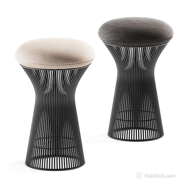 Modern Black Metal Sofa Stools With Vertical Slat Design And Beige Dark Gray Velvet Seats 3d model 