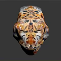 Colorful Tiger Head With Intricate Patterns And Yellow Eyes On Gray Background