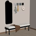 Indoor Corner Featuring Wall Mirror Hanging Decor Items And Bench With Brown Blanket 3d model