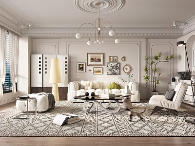 Elegant Modern Living Room Interior With White Sofa Patterned Rug Chandelier And Wall Art 3d model