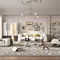 Elegant Modern Living Room Interior With White Sofa Patterned Rug Chandelier And Wall Art