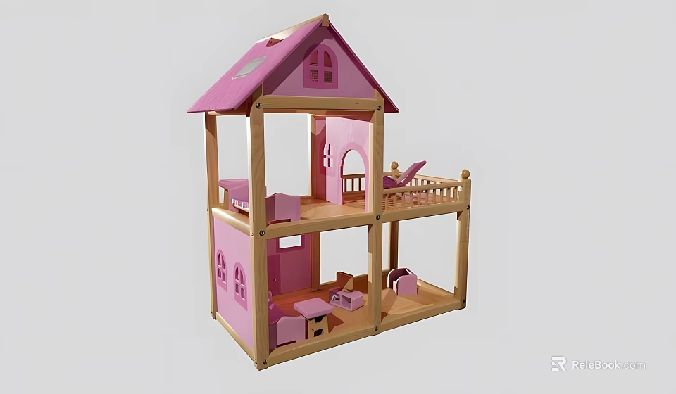 Wooden Building Blocks Pink Two Story Dollhouse With Furniture And Staircase Design 3d model 