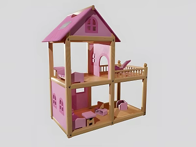Wooden Building Blocks Pink Two Story Dollhouse With Furniture And Staircase Design 3d model