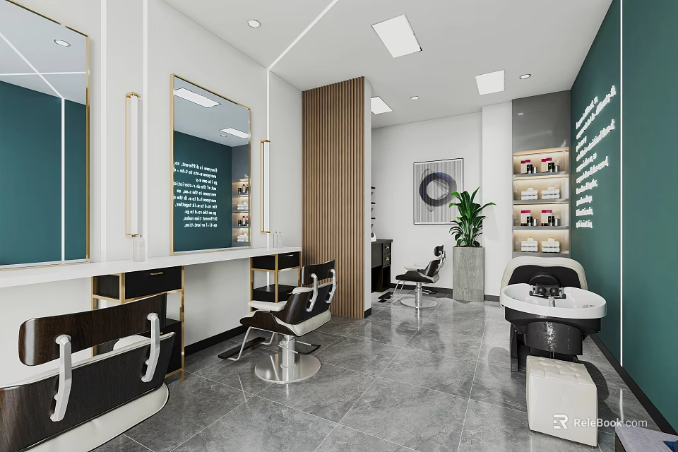 Modern Beauty Hair Salon Interior With Styling Chairs Mirrors And Product Shelves 3d model 