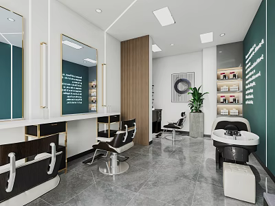 Modern Beauty Hair Salon Interior With Styling Chairs Mirrors And Product Shelves 3d model