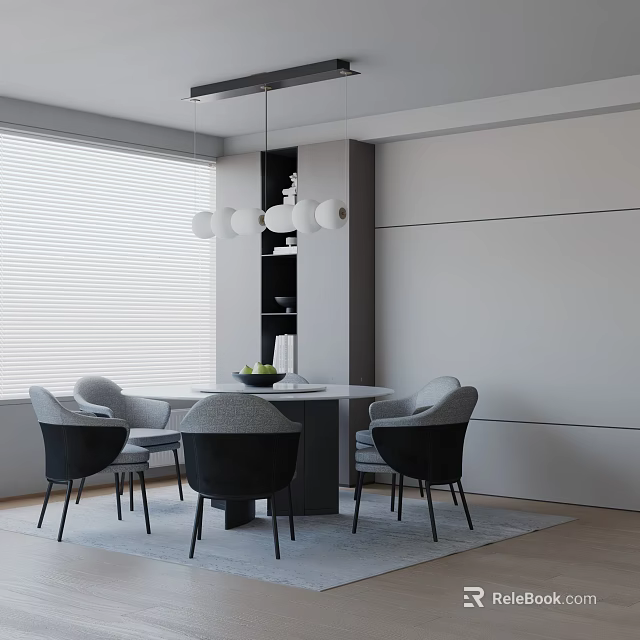 Modern Dining Table Set With Round Table Grey Chairs Pendant Lights Blinds And White Walls 3d model 