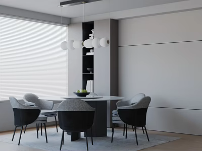 Modern Dining Table Set With Round Table Grey Chairs Pendant Lights Blinds And White Walls 3d model