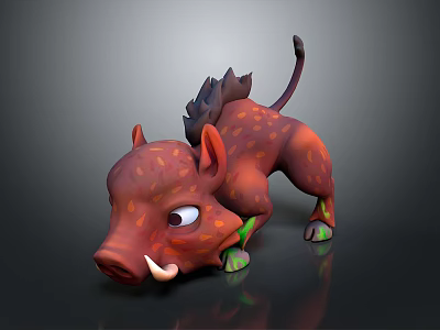 Cartoon Wild Boar 3D Model with Red Spotted Body White Tusks and Green Hooves 3d model
